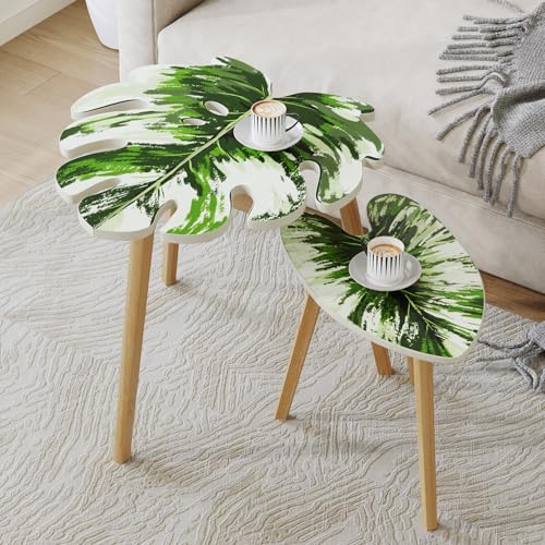 BAMEOS Monstera Leaf Nesting Tables Set of 2, Small Side Tables f Set with Leaf Vein Pattern, Modern Wooden CoffeeTables for Living Room Bedroom Apartment Balcony Yard - color: White Monstera