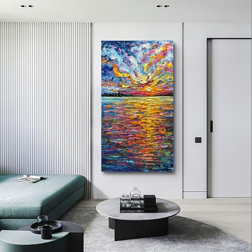 Art Hand-Painted Sea Sunrise Landscape Painting Modern Abstract Oil Painting Large Canvas Art Living Room Bedroom Corridor Wall Decoration Painting 48x24 inches - color: Yi066