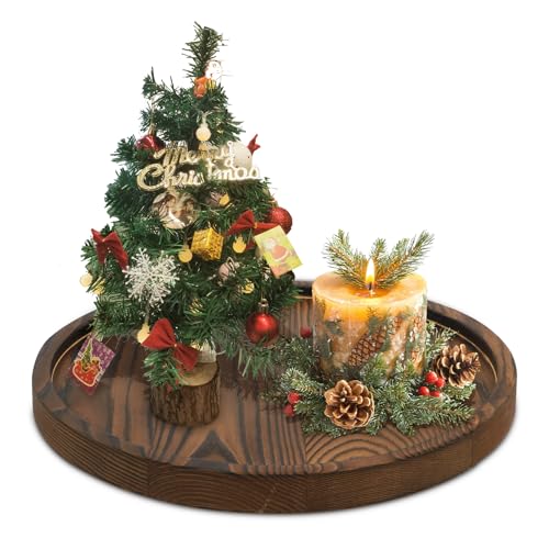 DEBETOOL Round Wooden Decorative Tray for Decor - Rustic Farmhouse Coffee Table Tray, Handmade Candle Holder Plate for Christmas Table Decorations and Centerpiece