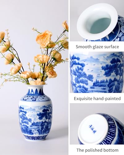 Blue and White Vintage Vase Chinoiserie Farmhouse Decorative Vases Flower Terracotta pots for Tableshelf Bookshelf Bathroom Living Room Kitchen 9.4 inch - size: 4"X9.4"