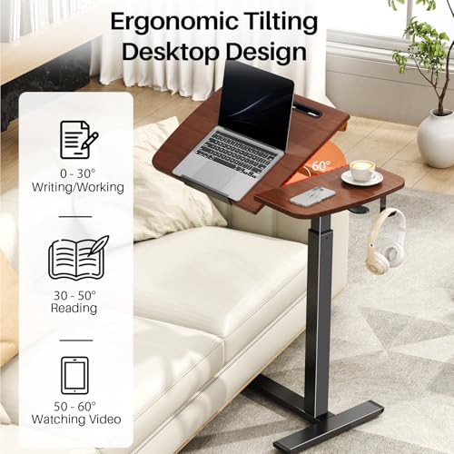 Overbed Bedside Table with Wheels,Tiltable Hospital Bed Table, Pneumatic Adjustable Overbed Table, Rolling Laptop Desk, Mobile Standing Desk for Bed, Couch, or Hospital Use - color: Brown