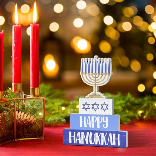 Smile Hanukkah Wood Decoration Set Hanukkah Sign and Blocks Farmhouse Decor Rustic Menorah Hexagram, Party Supplies Gifts Festive Holiday Centerpiece and Table Decoration - style: Hanukkah