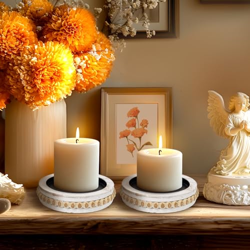 Candle Pedestal for Pillar Candle Set of 2, Rustic Round Beaded Risers Wood Tray, Farmhouse Wood Beaded Trayfor Tiered Tray, Candle, Mug Display Decorative, Table Centerpiece, Antique White - color: Antiquewhite, size: Set of 2