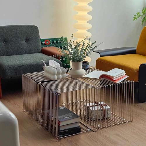 304 Stainless Steel Side Table,Square Geometry Retro Side Table Linear Metal End Table,Wire Cube Storage Rack, Book Stackable, Stainless Steel Coffee Table，Multi-Purpose Accent Table