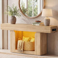 Homieasy Console Table, 63" Entryway Table with LED Lights & Charging Station, Farmhouse Wooden Sofa Table Behind Couch, Narrow Hallway Table for Living Room, Foyer, Entry, Natural Oak - color: Natural Oak, size: 63"