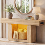 Homieasy Console Table, 63" Entryway Table with LED Lights & Charging Station, Farmhouse Wooden Sofa Table Behind Couch, Narrow Hallway Table for Living Room, Foyer, Entry, Natural Oak - color: Natural Oak, size: 63"