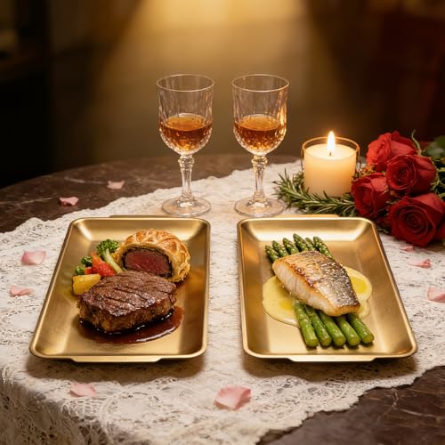2Pcs 304 Stainless Steel Food Serving Trays, 12.6" Rectangular Gold Platters, Rectangle Versatile Organizer Serving Tray Platter for Kitchen Party Dining Buffet Gatherings Outdoor Events - color: Gold 2 Packs