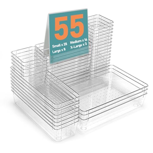 55Pcs Clear Plastic Drawer Organizers Set, 4size makeup drawer organizer trays for vanity,desk,bathroom,office,nightstand,gadgets for kitchen drawer, Versatile drawer divider storage bins - size: S55(3-8-16-28)