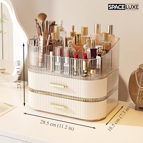 Makeup Organizer with Drawers and 360° Rotating Brush Holder, Large Capacity Cosmetic Storage for Vanity, Skincare, Perfume, Hair Accessories, Lipstick & Jewelry (Cream White, 3-layer) - color: Cream White, size: 3-layer