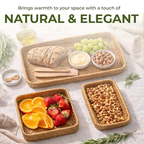 Set of 3 Rattan Serving Trays – Handwoven Wicker Trays for Bathroom, Kitchen, Coffee Table, Ottoman; Modern Farmhouse, Boho, Rustic & Coastal Home Decor - style: Natural Rattan Trays
