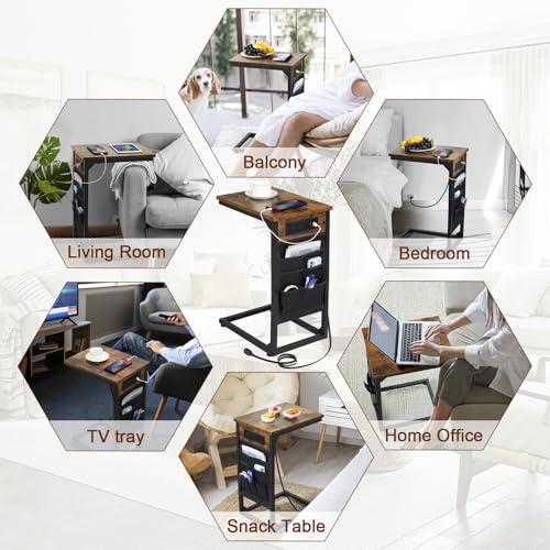 AMHANCIBLE C Shaped End Table with Charging Station, TV Tray Set of 2, Couch Tables with Storage Bag, Slide Under Sofa Side Table with USB Ports and Outlets for Living Room, Rustic Brown HET04CBR - color: Rustic Brown