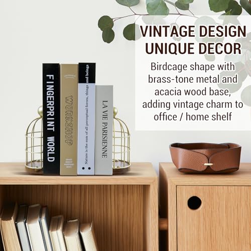 MyGift Vintage Brass Bookends, Decorative Gold Book Ends for Office Desk Home Shelf Decor, Metal Birdcage with Premium Acacia Solid Wood Base
