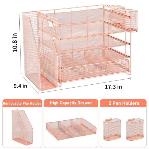 OPNICE Desk Organizer, 5-Tier Paper File Organizer with Drawer & Pen Holder, Office Desk Accessories, Workspace Desktop Organizer for Office Supplies(Rose Gold) - color: Rose Gold, size: 5-Tier