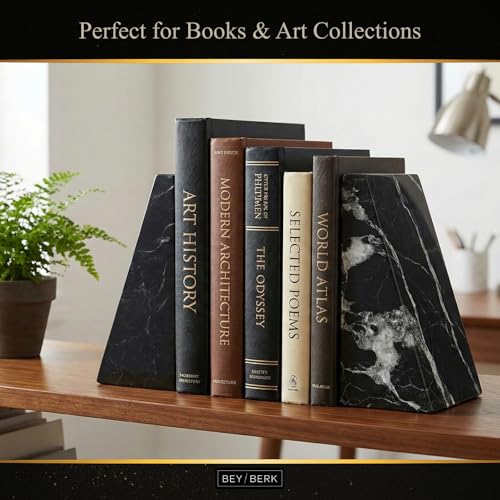 Bey-Berk Whitney Zebra Marble Bookends (Black, Set of 2), 4" x 2.5" x 6" Heavy Wedge Book Ends for Desk, Shelf, or Office - color: Black