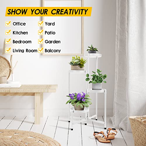4 Tier Plant Stand Indoor Outdoor, 31 Inch Tall Metal Plant Shelf Waterproof, Plant Holder with Folding Design For Home, Living Room, White - color: White