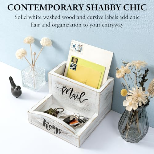 MyGift Shabby Whitewashed Solid Wood Mail Holder and Key Organizer Entryway Storage Tray with Cursive Mail and Keys Word Design, Office Desktop Organizing Bin - color: Whitewashed