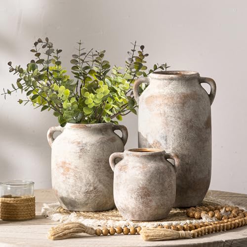 Ceramic Flower Vase Home Decor - 7.6 Inch Farmhouse Rustic Table Vases with Handle Living Room Decoration Decorative Vintage Pottery for Kitchen Shelf Coffee Dining Bookshelf Fireplace Centerpiece - color: 7.6" Retro