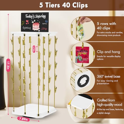 Pinzoveco Chip Rack Display Stand, 5 Tiers 40 Clips Snack Organizer for Office Desk, 360° Rotating Wooden Base Chip Holder Candy Display for Concession Stand, Countertop, Party, With Message Board - color: White & Gold