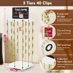 Pinzoveco Chip Rack Display Stand, 5 Tiers 40 Clips Snack Organizer for Office Desk, 360° Rotating Wooden Base Chip Holder Candy Display for Concession Stand, Countertop, Party, With Message Board - color: White & Gold