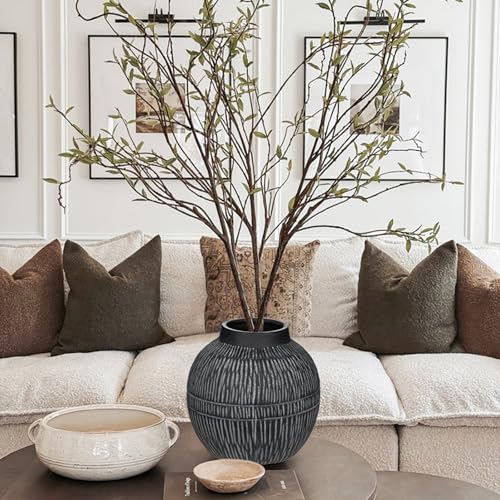 7" Short Rustic Vase with Geometric Linear Striations, Round Ceramic Vase Suitable for Leaves Stems & Flowers, Low-Profile & Cool Tone Style, Chunky, Small & Dark Grey - color: 7" Dark Grey