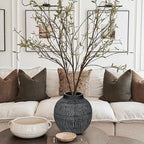 7" Short Rustic Vase with Geometric Linear Striations, Round Ceramic Vase Suitable for Leaves Stems & Flowers, Low-Profile & Cool Tone Style, Chunky, Small & Dark Grey - color: 7" Dark Grey