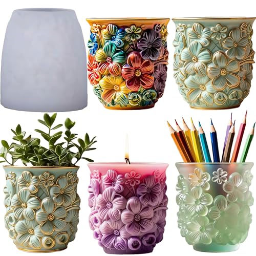 1 Pc Floral Relief Resin Silicone Planter Mold 3D Daisy Flower Concrete Mold for Casting DIY Succulent Pots Vase Home Decor Crafts Candle Holder Handmade Storage Rings Jewelry Storage Box - color: Daisy Resin Mold