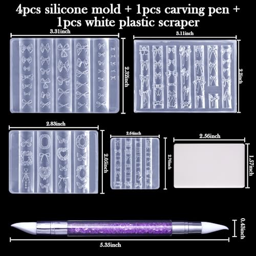 Laza 4pcs Silk Bowknot Silicone Nail Art Molds, Acrylic 3D Bowknot Nail Charms Molds Clear Modeling Templates Silicone Bow Pattern Nail Tools with Sculpture Pen for Salon Nail Design Resin Epoxy DIY - color: Silk Bowknot