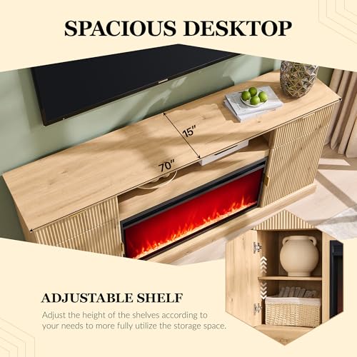 IFGET Fluted Fireplace TV Stand for TVs Up to 80 inch, Modern Entertainment Center with 36" Electric Fireplace, Wood Media Console w/Drawers and Adjustable Shelves for Living Room, Natural - color: Natural
