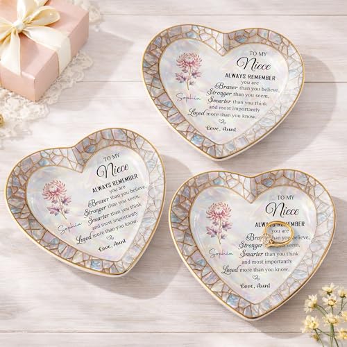 Personalized Niece Jewelry Dish Gift from Aunt, Heart Trinket-Dish with Custom Birth Flower, “Always Remember You Are Braver Stronger Smarter Loved” Inspirational Ceramic Ring Keepsake - color: Niece 054