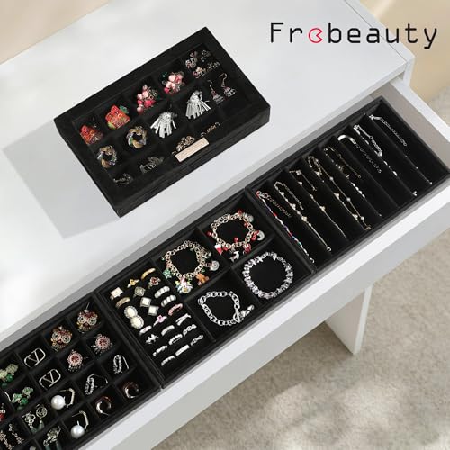 Frebeauty Stackable Jewelry Trays, Velvet Drawer Jewelry Organizer with Glass Lid,5 in 1 Multi-Functional Jewelry Storage for Earrings Necklaces Rings, 10.5 x 6.5 x 5.55 Inches Gift for Women(Black) - color: Black, size: Set5-A