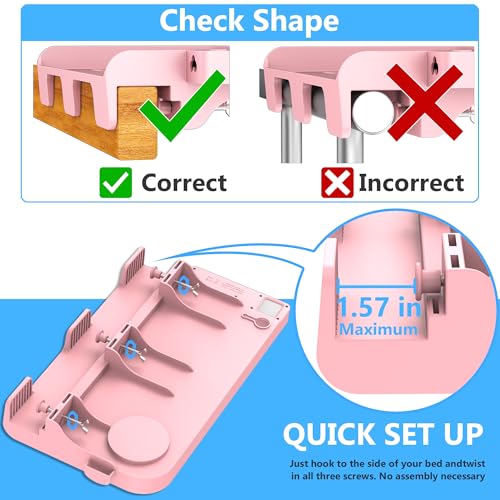 Hiree Bedside Shelf for Dorm Bunk Bed with USB Charging Port and 2 AC Outlets, Bed Side Table Tray Organizer, College Dorm Essential Clip On Bedside Tray, Loft Nightstand Decor, Plus Size, Pink - color: Pink