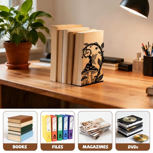 Peacoblue Metal Bookends for Shelves, Modern Decorative Heavy Duty Study Book Ends Stoppers for Office Desk Shelf, Room 5.3"x4.3"x7.9" Cast Iron Tall Bookends 1 Pair (Fairy Tale with Mushroom) - style: Fairy Tale with Mushroom