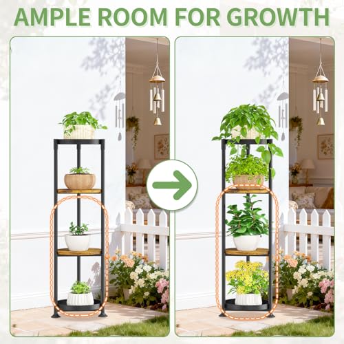 KMOTASUO 4 Tier Black Plant Stand Indoor for Large Tall Heavy Duty Planter, Multiple Sturdy Metal Flower Corner Rack for Narrow House Floor, Iron Vertical Level Round Orchi Holder Organizer, Modern - color: Black + Brown, size: 4 Tier