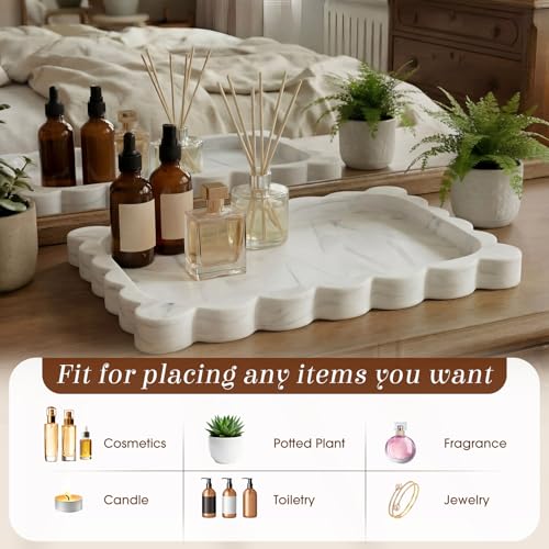 Silicone Bathroom Tray 11.5 x 8.7 Inch Scalloped Silicone Decorative Tray for Soap Dispenser Bottles, Bathroom, Dresser, Kitchen, Vanity, Home Decor, Marble Texture Design (White) - color: White