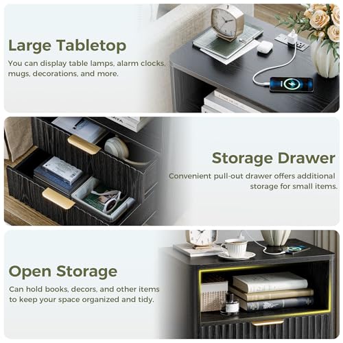 IRONCK Fluted Night Stand, Modern Nightstand with Charging Station, Drawers and Open Shelves - Bedside Table Wood Side Table for Bedroom, Black - color: Black