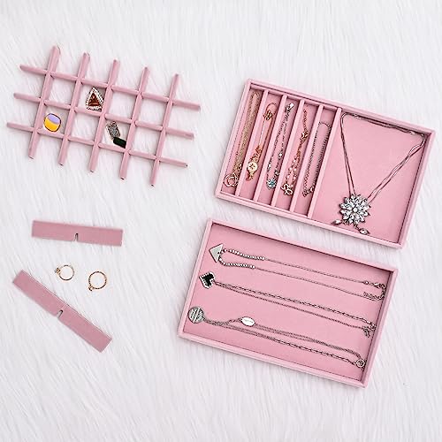 ProCase Stackable Jewelry Organizer Trays for Drawers, Jewelry Drawer Inserts Container Display Case Storage for Earring Necklace Rings Bracelet with Removable Dividers -Dustypink, 4 Layers - color: Dustypink, size: 4 Layers