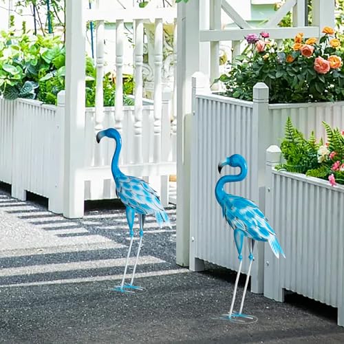 Set of 2 Metal Flamingo Garden Statues, Yard Flamingo Outdoor Decor for Lawn Patio Garden Backyard Display (Blue) - color: Blue
