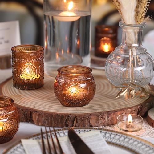 DARJEN 12Pcs Amber Votive Candle Holders - Vintage Glass Candle Holders for Flameless LED Tea Waxes, Tealight Candle Holder for Wedding & Home Table Decor, Vintage Parties - color: Amber, size: 12 PCS