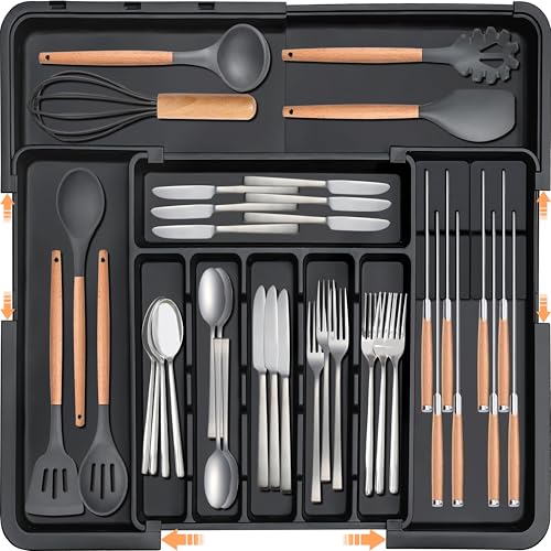 Homecor Silverware Organizer - Expandable Large Kitchen Drawer Organizer Utensil Organizer with 2 Removable Knife Blocks, 22"x 19"Cutlery Tray Drawer Dividers for Kitchen Flatware(6-9 Slots) (Black) - color: Black