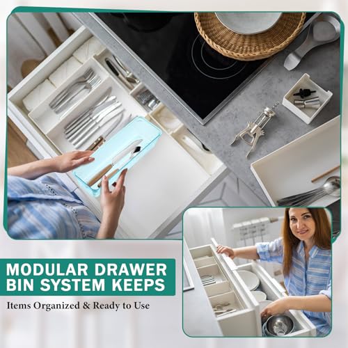 Maitys 12 Pcs Clear Drawer Organizer 9 x 3 x 2 Inches Plastic Rectangle Trays Makeup Vanity Storage Bins and Kitchen Drawers Dividers for Office Desk Silverware Kitchen Utensils(Blue) - color: Blue, size: 9 x 3 x 2 Inches