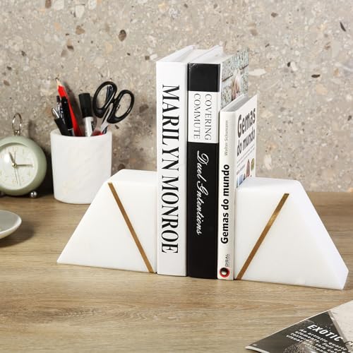 Natural Marble Bookends for Shelves, Decorative Book Ends for Heavy Books, Heavy Duty Mid Century Modern White and Gold Stone Book Holders with Brass Inlay, Unique Bookshelf Stopper Decor, Set of 2 - style: Art Deco