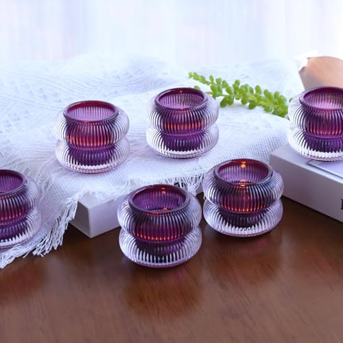 Woho Ribbed Votive Candle Holders Set of 6 for Wedding Decor, Vintage Tealight Candle Holder for Halloween/Thanksgiving, Glass Tea Lights Candle Holder for Dinner Table (Purple, 2.1" H X 2.75" D) - color: Purple