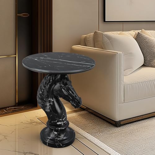 Sculptural Horse Side Table - End Table with Faux Marble Top Unique Horse Statue Decor for Living Room Bedroom Entryway Elegant Animal Sculpture Unique Horse Lover Gifts - color: Black Horse Base