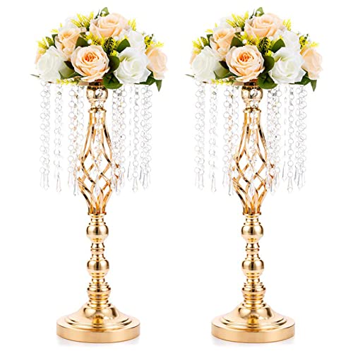 2 Pcs 19.3 inches Gold Centerpieces Table Tall Crystal Flowers Stand Wedding Road Lead Flower Holders Crystal Chandelier Metal for Reception Tables Supplies - color: Gold, size: Medium - 2 Pcs