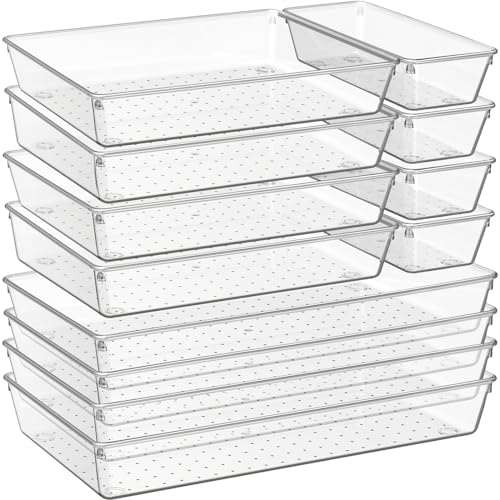 Criusia 12 Pack Large Clear Plastic Drawer Organizer Trays | MULTI-USE Acrylic Drawer Storage for Kitchen, Bathroom, Makeup, Office, School, Undies | College Dorm Room, Home Apartment Essentials - size: 12 Pack