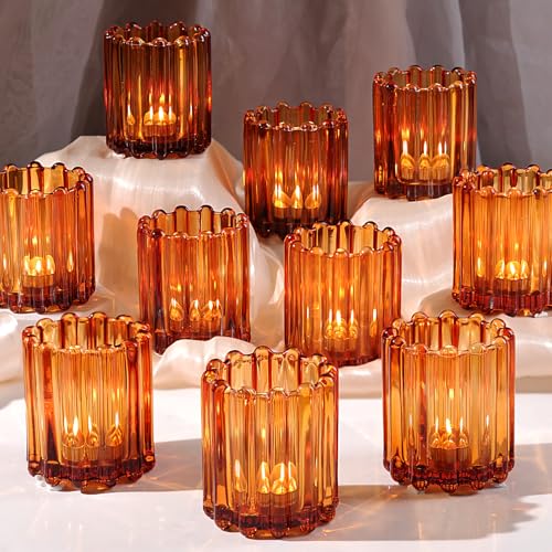 HAVITI Glass Amber Votive Candle Holder, Ribbed Votive Candle Holders Set of 12, Tealight Candle Holder for Wedding Centerpieces Dinner Party Table Decor - color: Amber