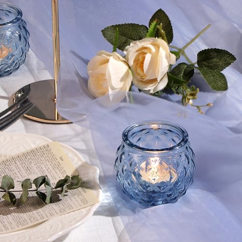 DARJEN 48Pcs Blue Round Candle Holders - Bulk Glass Candle Holders for Vintage Decoration, Tea Lights for Wedding Shower, Party & Gift - color: Blue, size: 48PCS
