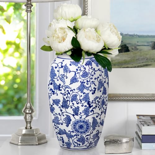 Blue and White Vase 8.5 Inch Traditional Chinoiserie Floral Vase Porcelain Ginger Jar Octagonal Vases Blue and White Porcelain Decor for Home, Living Room, Kitchen, Mantel, Shelf, Table - color: 8.5 Inch Blue & White