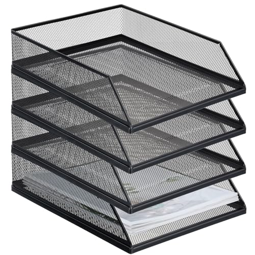 Hicarer 4 Pcs Black Metal Letter Tray Stackable Desk Tray Single Wire Mesh Organizer Front Load File Paper Holder for Desktop Office Home School Classroom (12.8 x 9.84 Inch) - size: 12.8 x 9.84 Inch