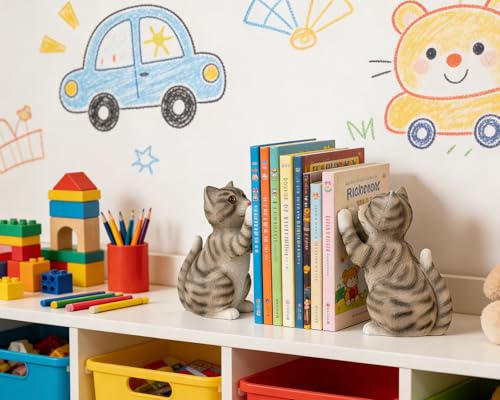 Cute Cat Bookends for Shelves, Heavy Duty Bookends, Decorative Bookends for Kids Books, Non-Skid Design, Grey Cat Statue Enthusiasts Gifts - color: Gray